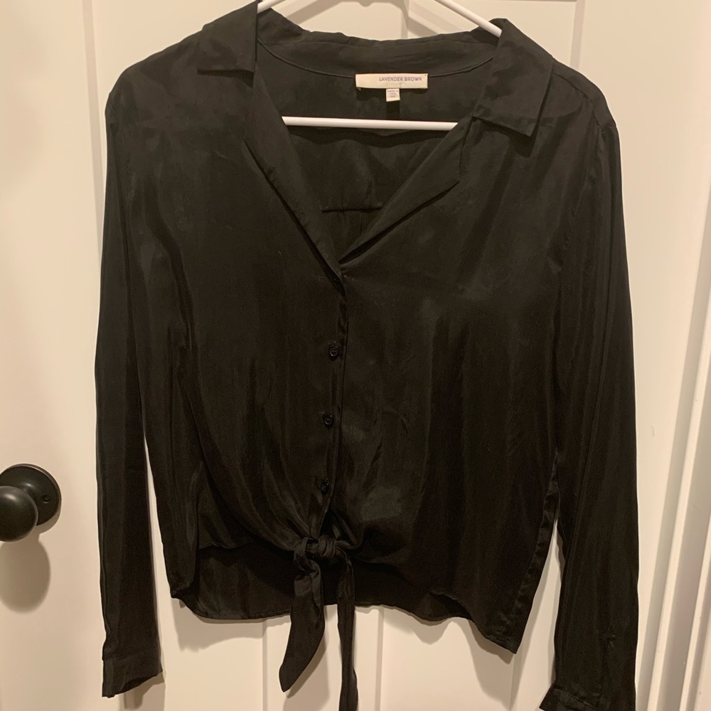 Lavender Brown Button Down Tie Top - Black
